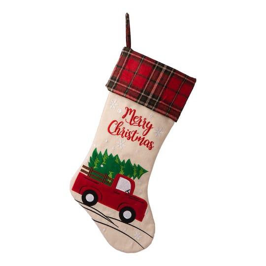 Glitzhome&#xAE; 21&#x22; Embroidered Red Truck Linen Christmas Stocking